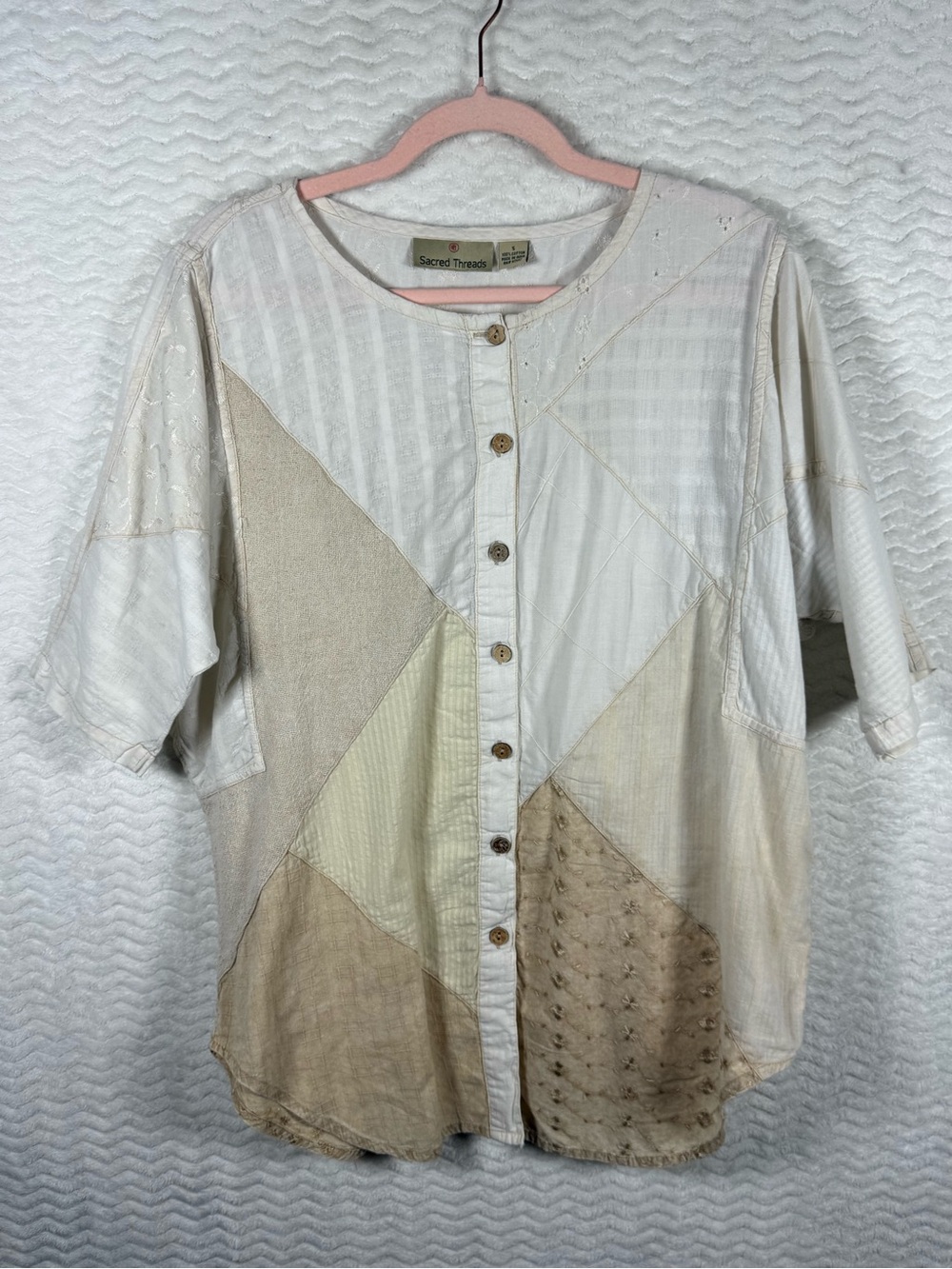 Sacred Threads Neutral Patchwork Button-Front Top